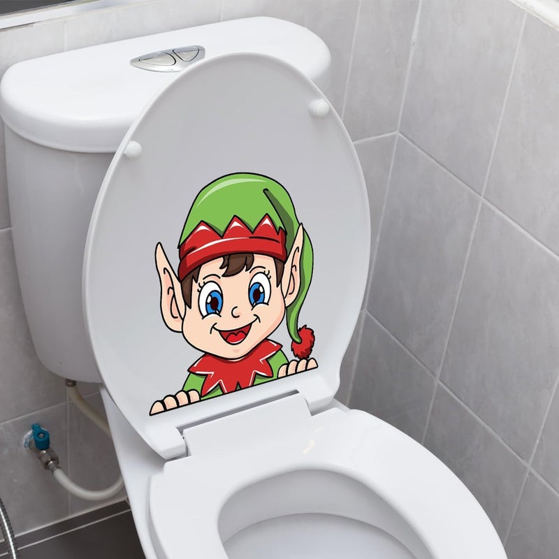 Iprokiu Christmas Toilet Sticker Funny Christmas Santa Claus Snowman Elf Toilet Seat Cover Decoration Waterproof Toilet Seat Lid Decal Bathroom Wall Sticker (Long Hat Elf) - Image 1